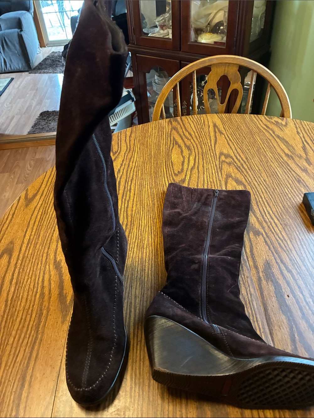 Brown suede knee high wedge boots